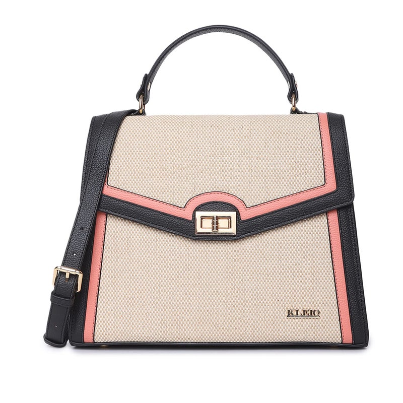 KLEIO Jute Canvas Top Handle Handbag for Women/Girls - Black Peach - Image 1